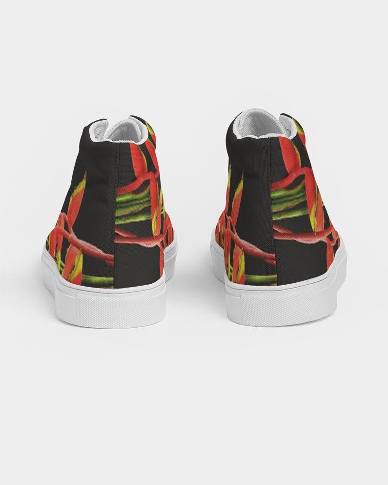Women's hightop canvas sneaker in red, yellow and black heliconia design