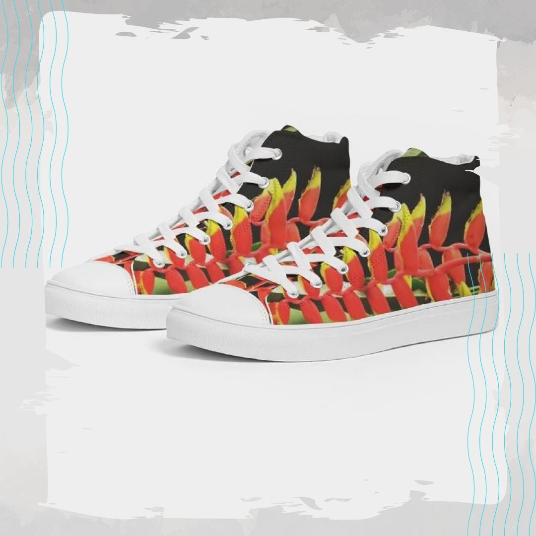 Womens's hightop canvas sneaker and canvas shoe in colourful heliconia design of red, yellow and black