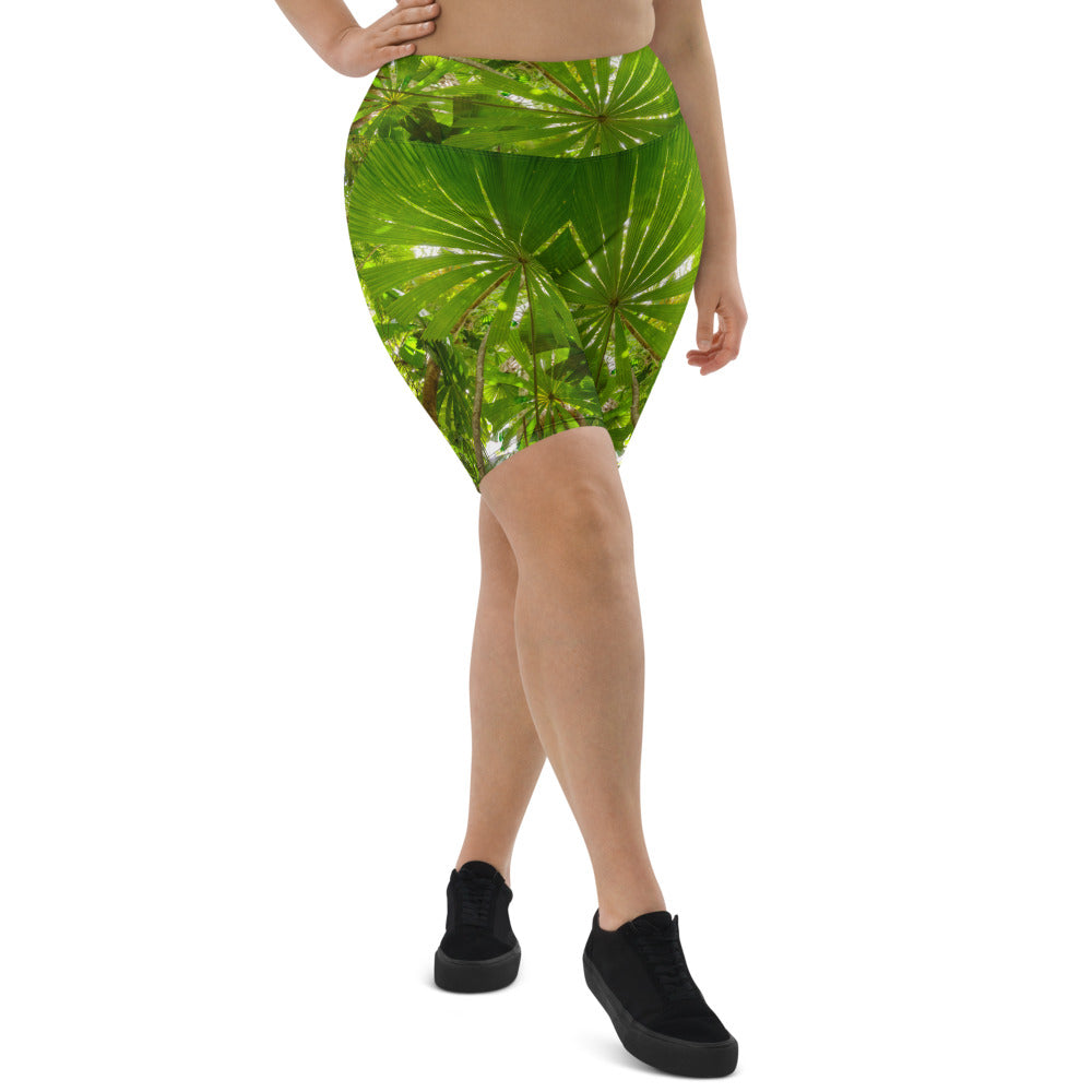 Fitness shorts mid-thigh length for running yoga and the gym in tropical rainforest design