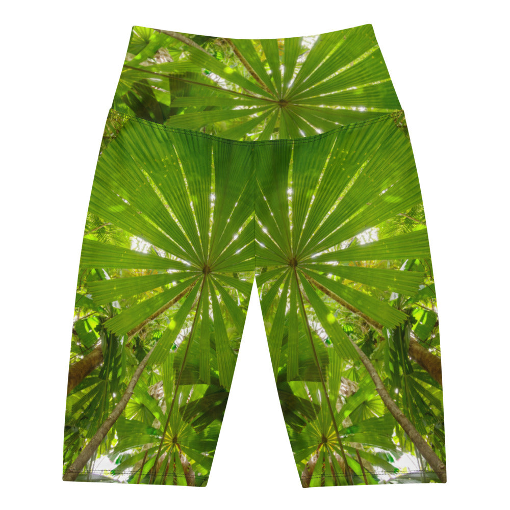 Fitness shorts mid-thigh length for running yoga and the gym in tropical rainforest design