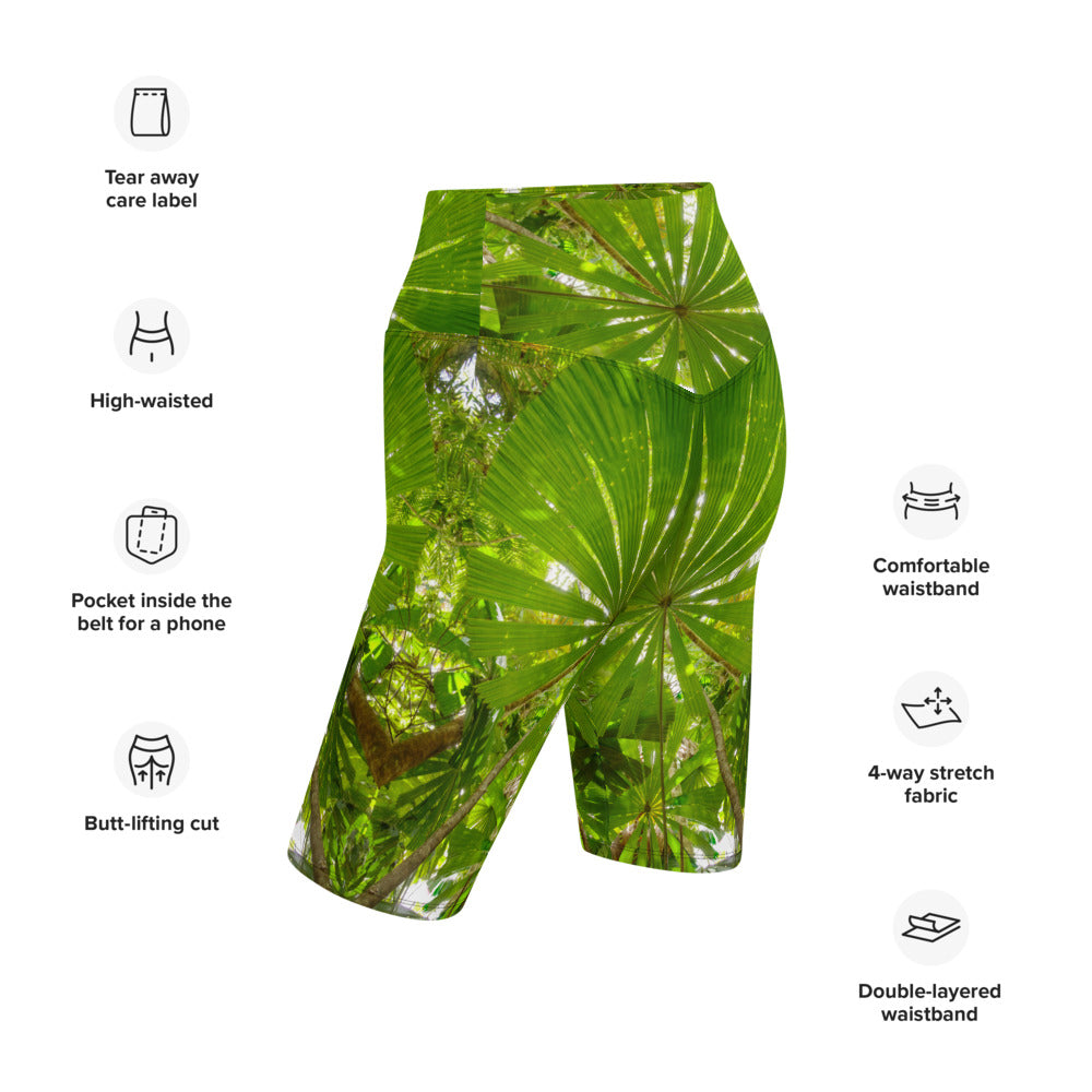 Fitness shorts mid-thigh length for running yoga and the gym in tropical rainforest design