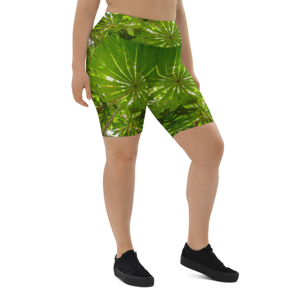 Fitness shorts mid-thigh length for running yoga and the gym in tropical rainforest design
