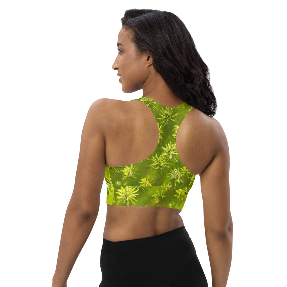 Sports bra crop top for running, walking, gym and yoga in tropical palm tree design