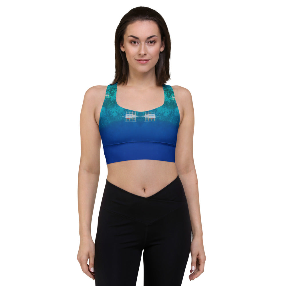 Sports bra crop top for running, walking, gym and yoga in tropical ocean blue design