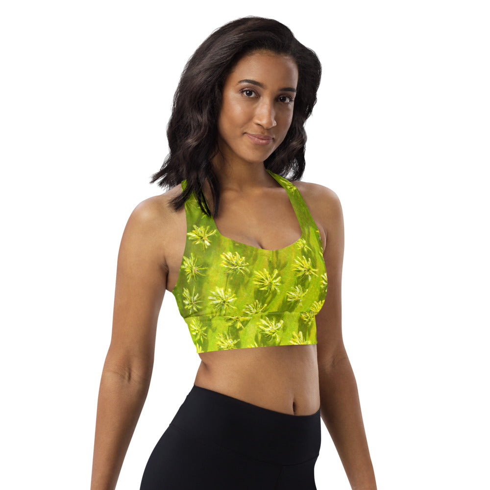 Sports bra crop top for running, walking, gym and yoga in tropical palm tree design