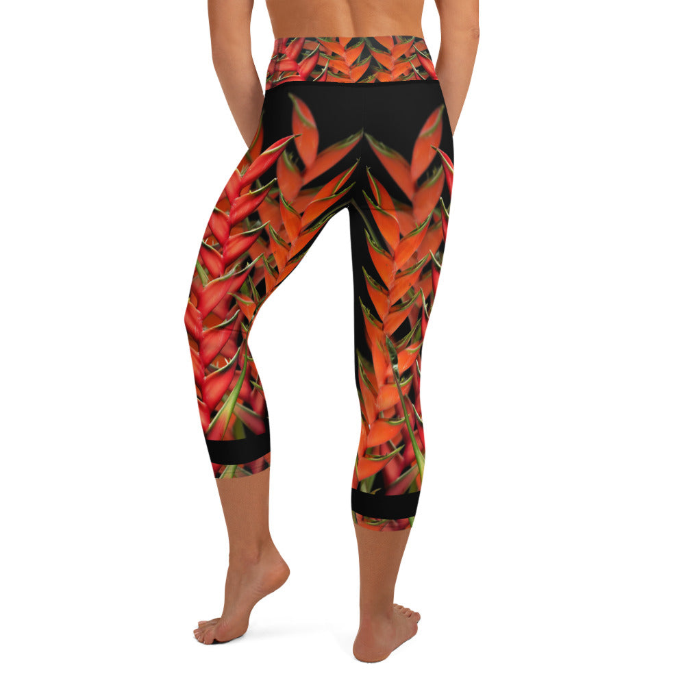 Leggings mid-calf length, yoga pants & fitness tights in red & black heliconia flower design
