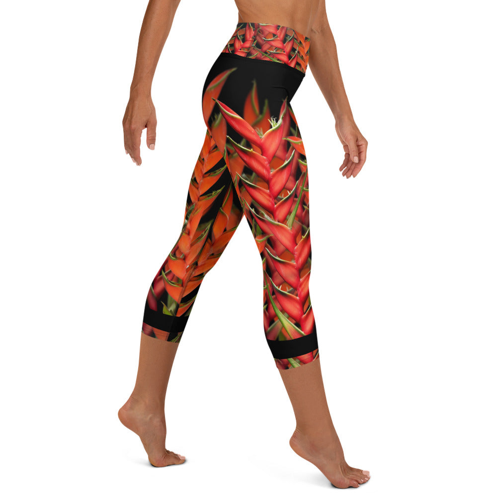 Leggings mid-calf length, yoga pants & fitness tights in red & black heliconia flower design