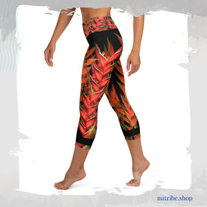 Leggings mid-calf length, yoga pants & fitness tights in red & black heliconia flower design