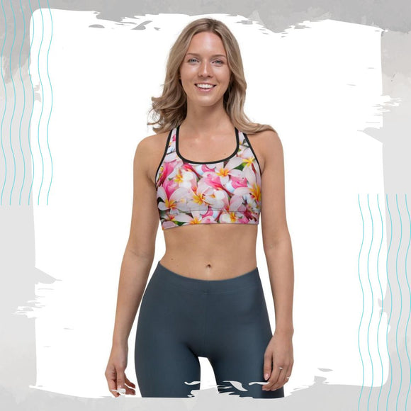 Sports bra crop top for running, walking, gym and yoga in tropical frangipanidesign