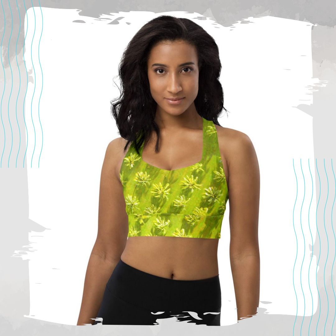Sports bra crop top for running, walking, gym and yoga in tropical palm tree design