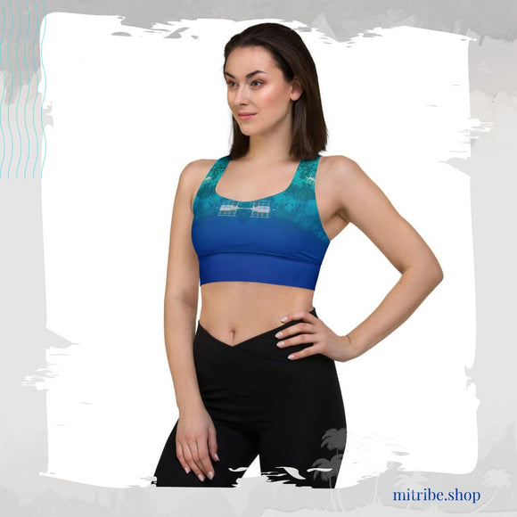 Sports bra crop top for running, walking, gym and yoga in tropical ocean blue design