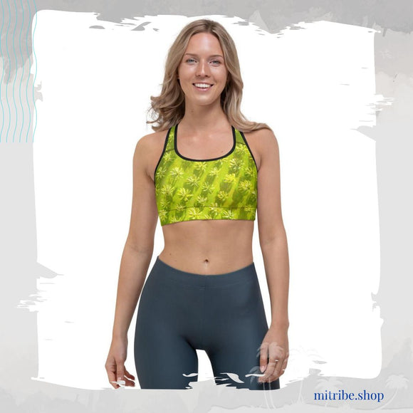 Sports bra crop top for running, walking, gym and yoga in tropical palm tree design