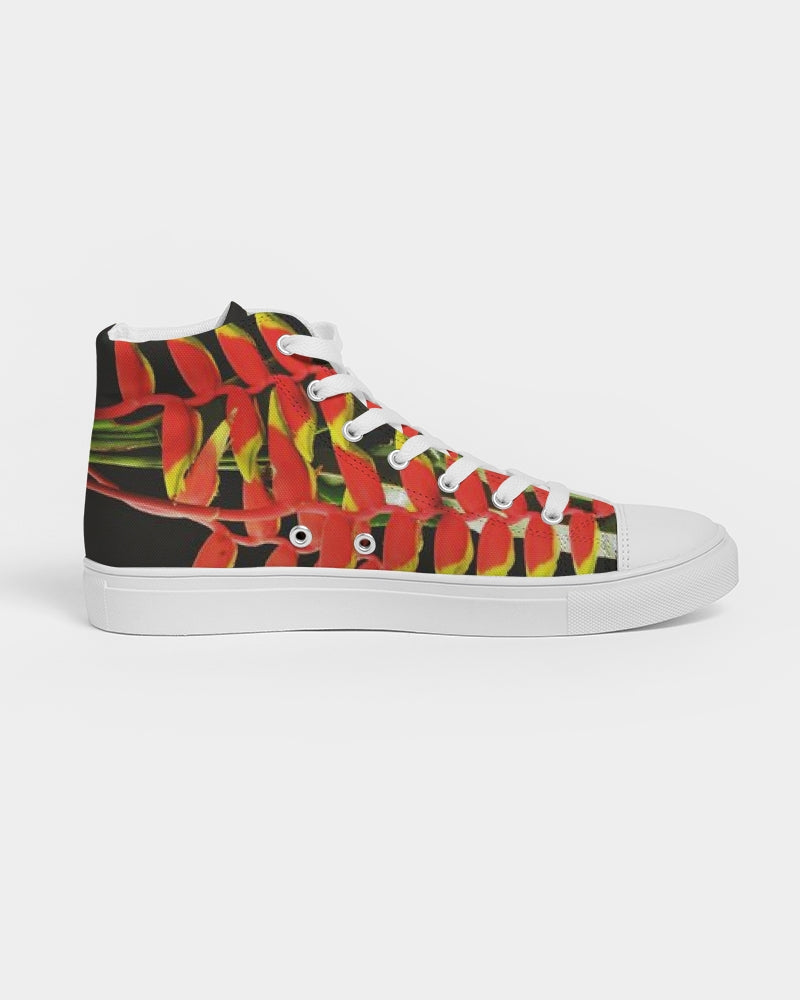 Women's hightop canvas sneaker in red, yellow and black heliconia design