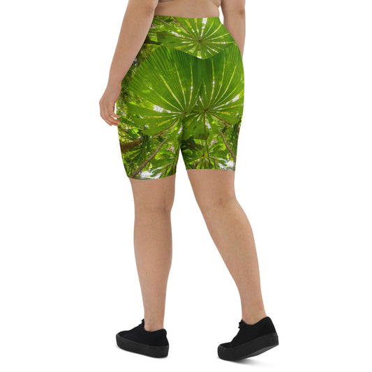 Fitness shorts mid-thigh length for running yoga and the gym in tropical rainforest design
