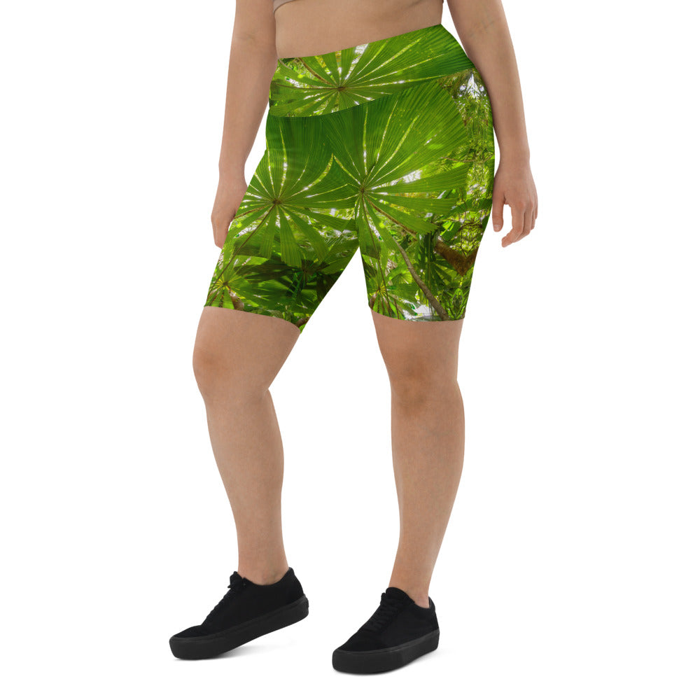 Fitness shorts mid-thigh length for running yoga and the gym in tropical rainforest design