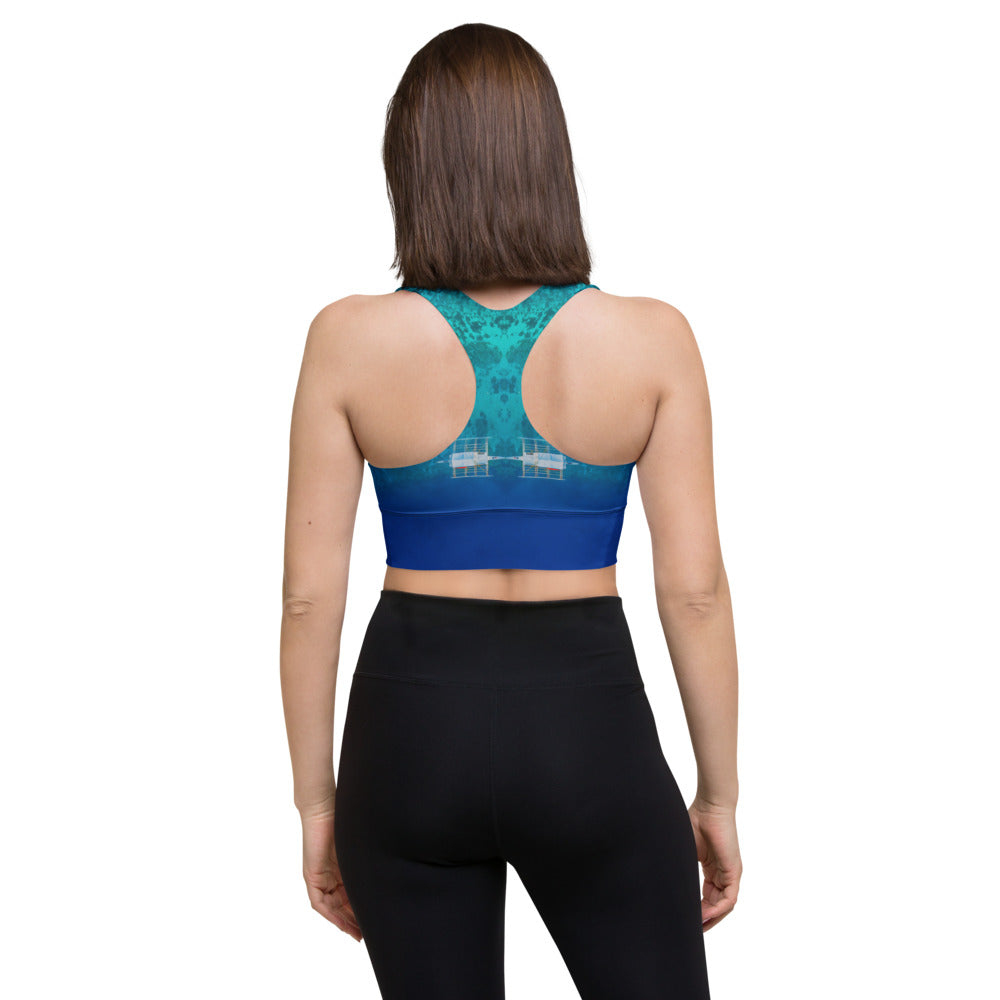Sports bra crop top for running, walking, gym and yoga in tropical ocean blue design