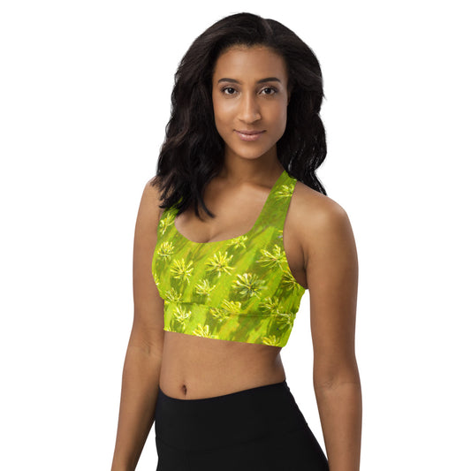 Sports bra crop top for running, walking, gym and yoga in tropical palm tree design