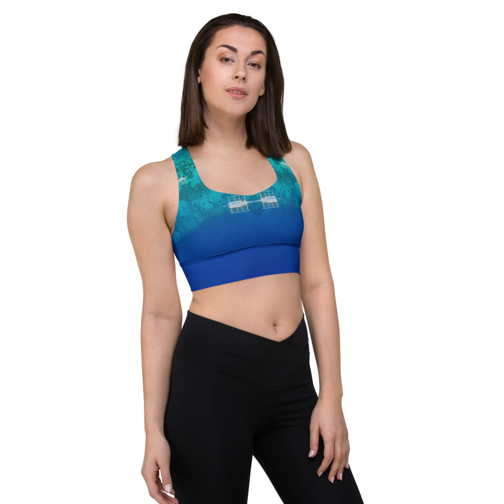 Sports bra crop top for running, walking, gym and yoga in tropical ocean blue design