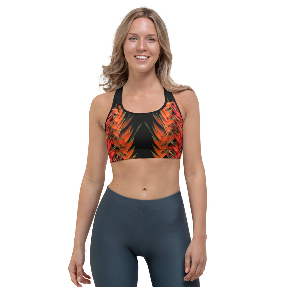 Sports bra crop top for fitness in red and black tropical design now on sale