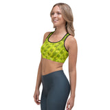 Sports bra crop top for running, walking, gym and yoga in tropical palm tree design