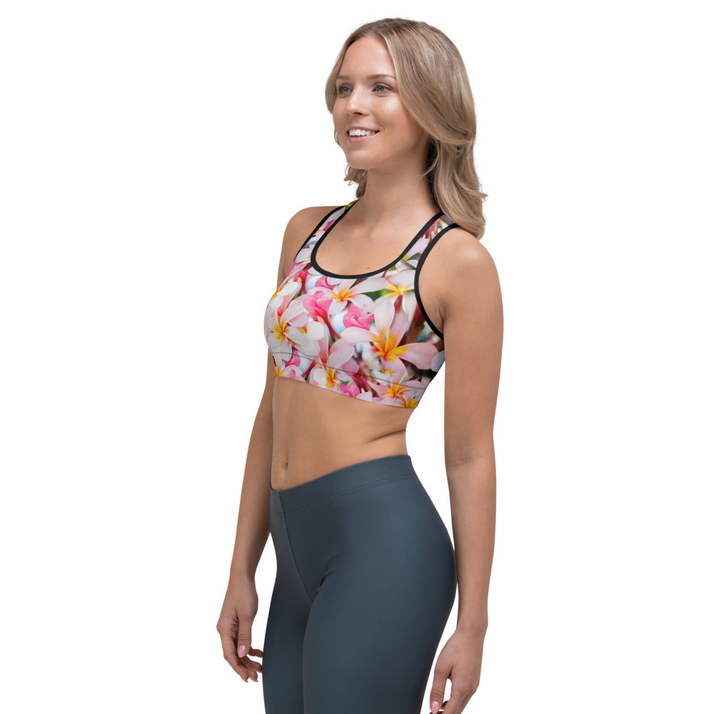 Sports bra crop top for running, walking, gym and yoga in tropical frangipanidesign