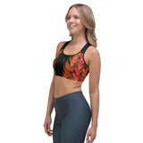 Sports bra crop top for fitness in red and black tropical design now on sale