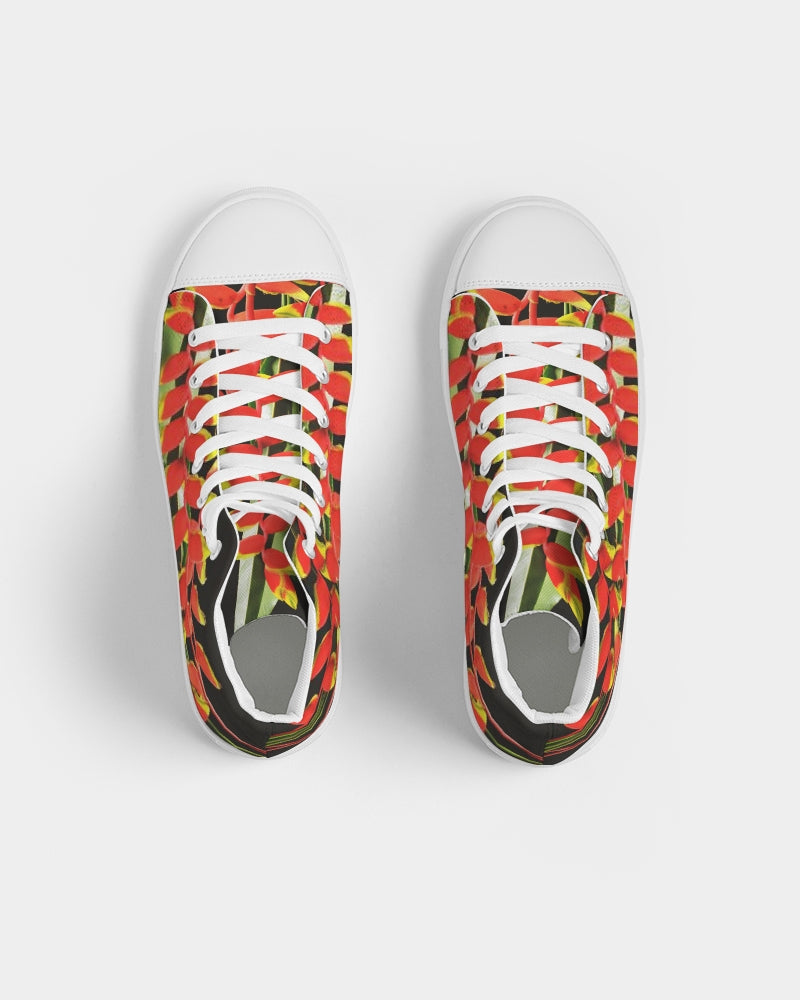 Women's hightop canvas sneaker in red, yellow and black heliconia design